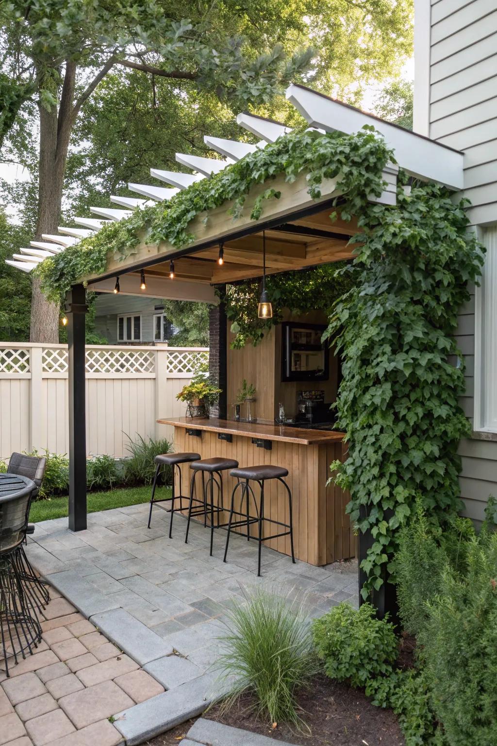 A pergola with a fitted bar fosters a vibrant, sociable space on a small patio.