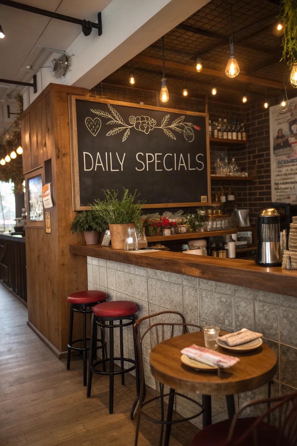 A chalkboard menu introduces a personal and practical touch to a compact restaurant bar.