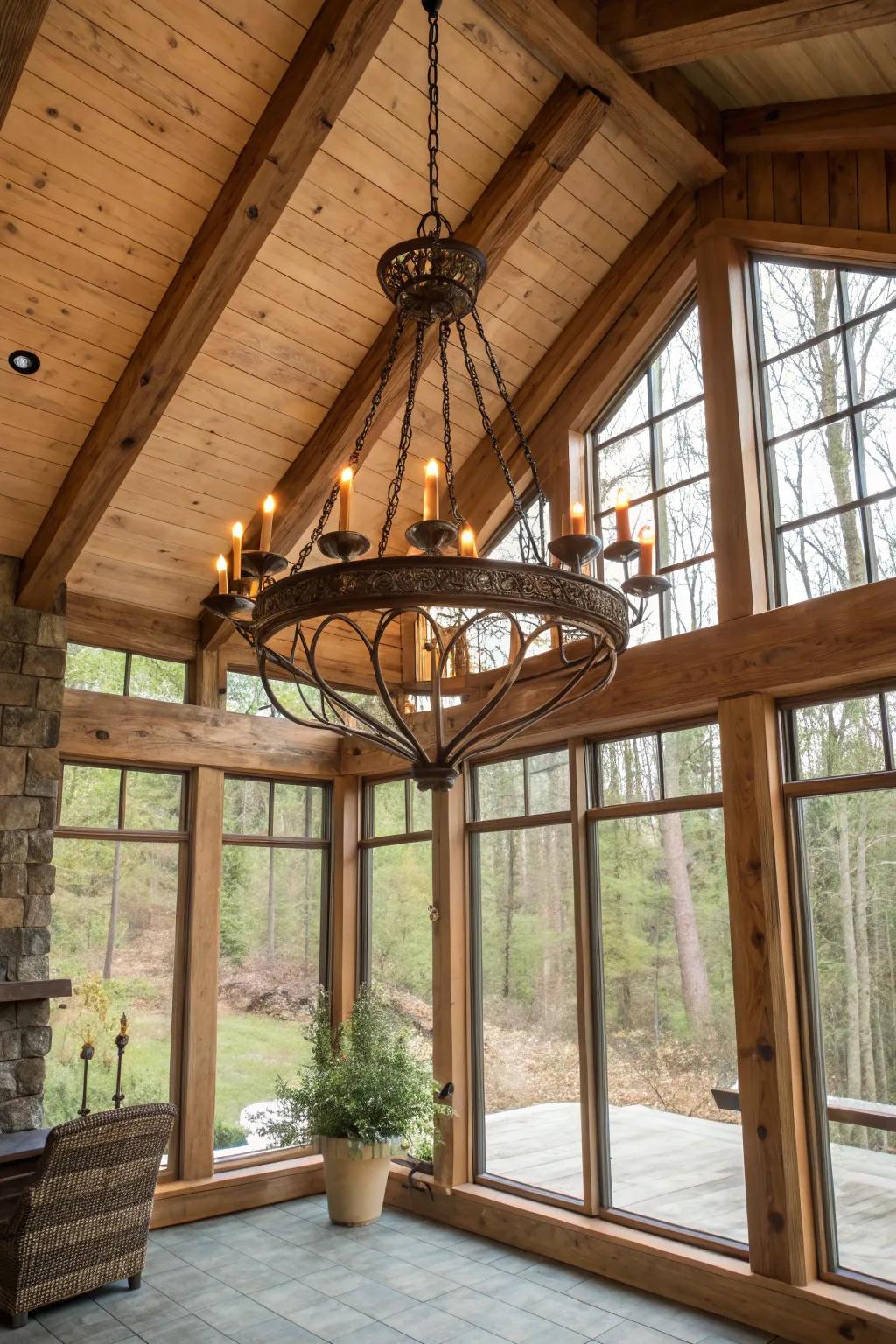 A country chandelier offers both functionality and style in this sunroom.