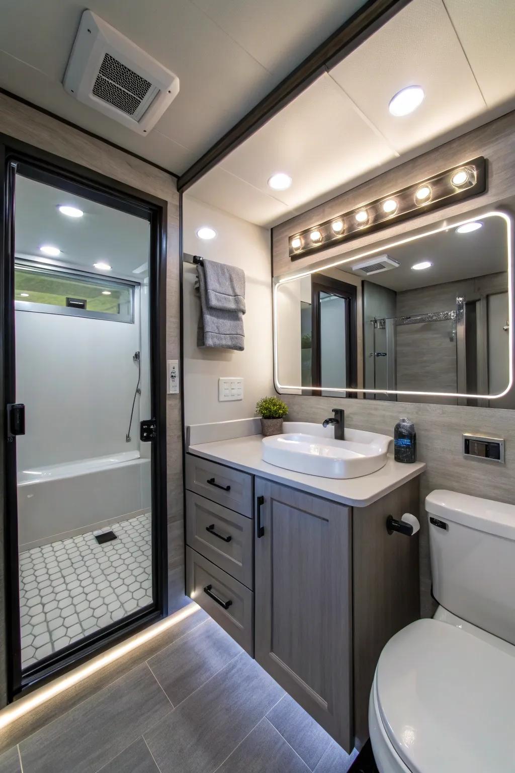 Bright LEDs illuminate and enhance the space effectively.
