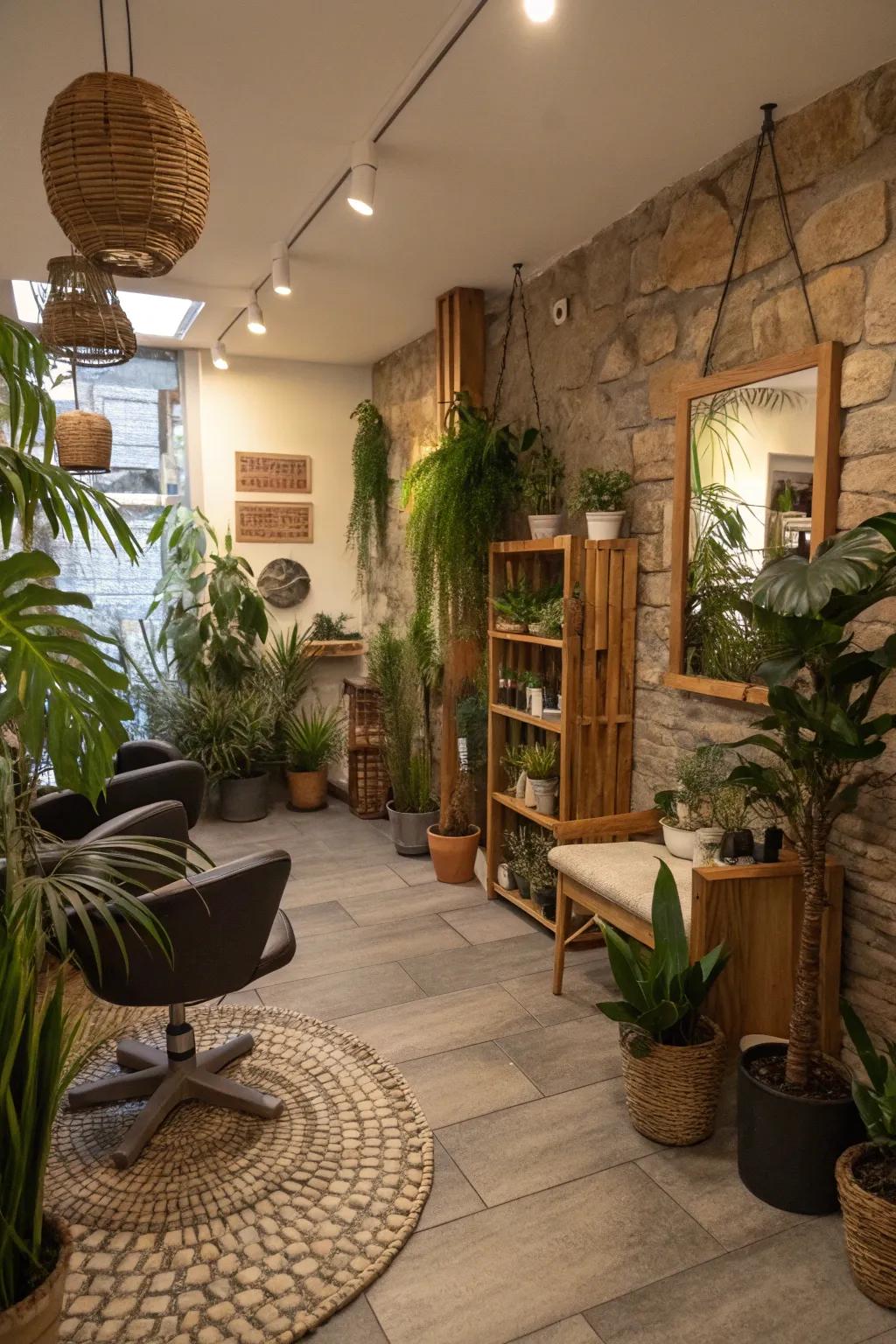 Natural elements that breathe freshness and peace into the salon.