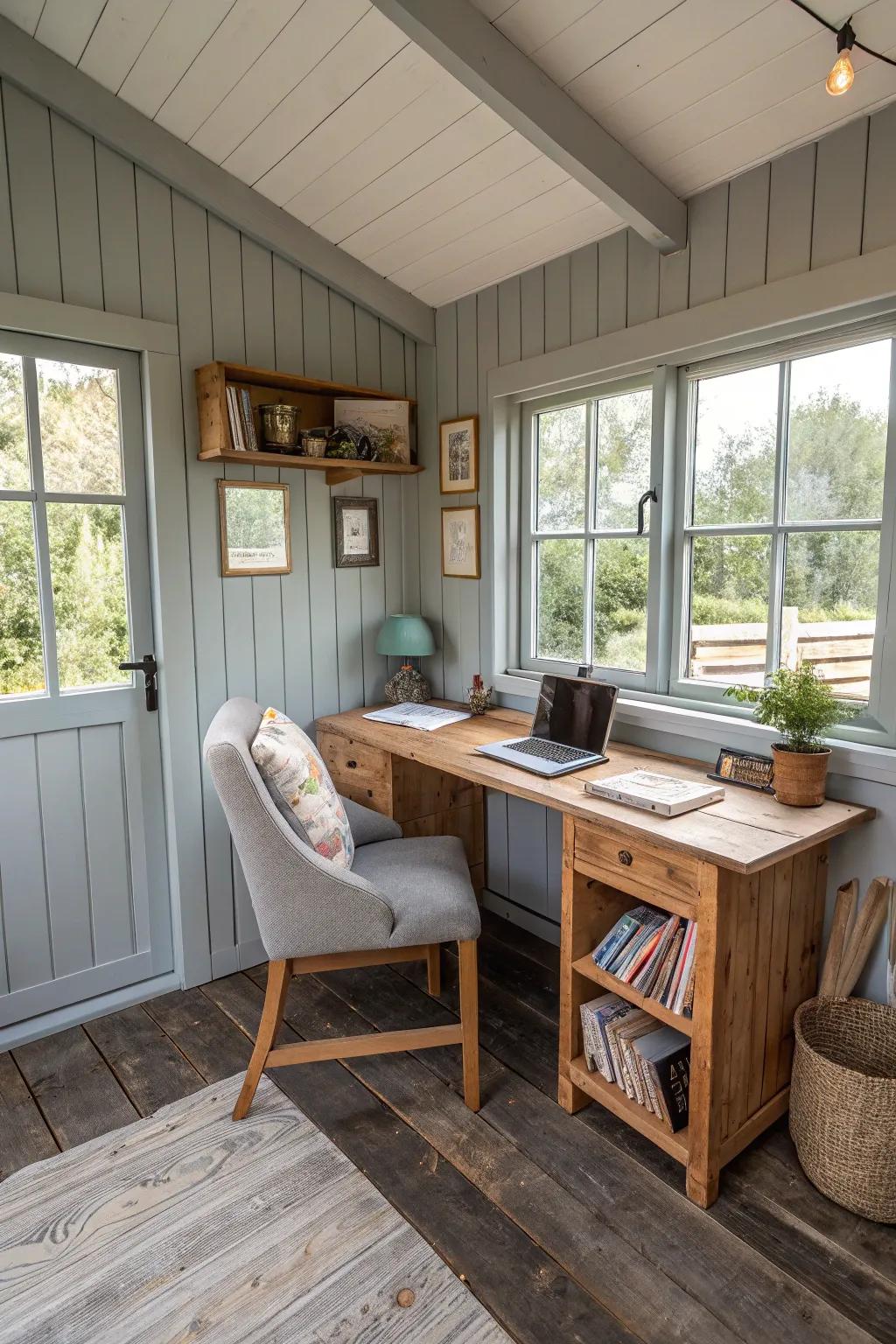 A bright and practical home office inside a small shed.