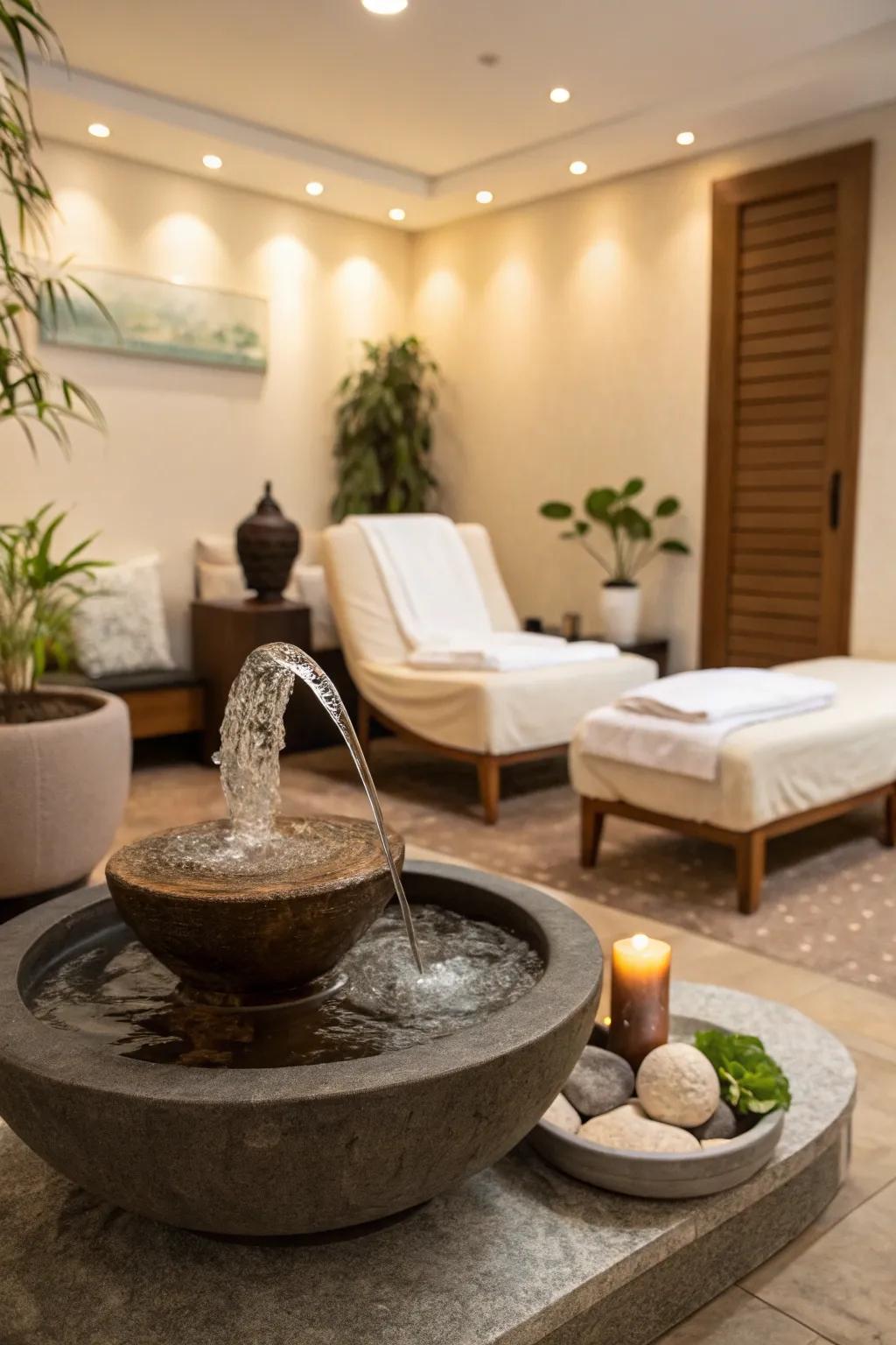 Tabletop water feature for tranquility in a spa room