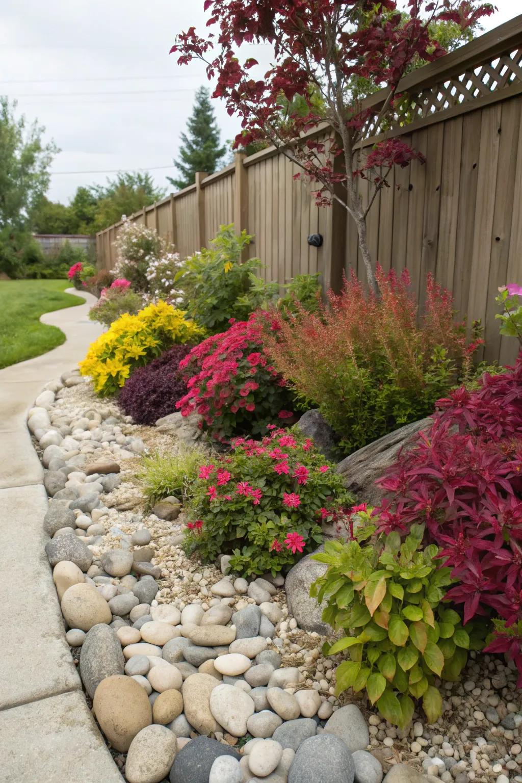 A perfect pairing of vibrant plants and ornamental rocks.