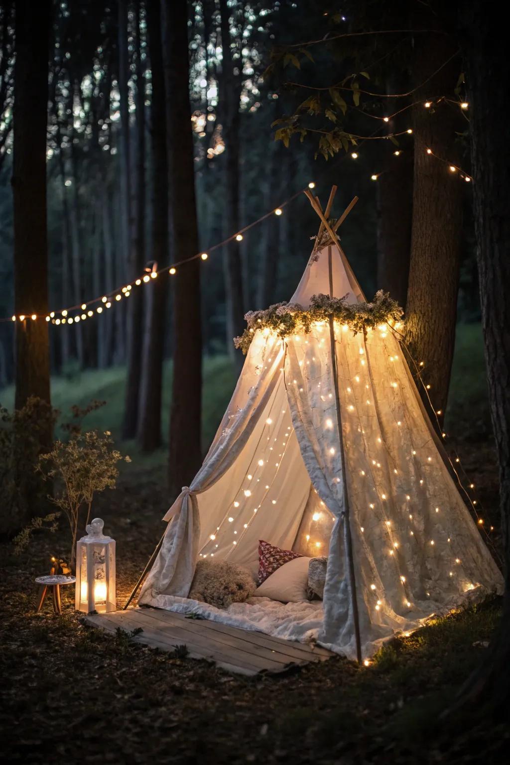 Dreamy tent arrangement featuring twinkling fairy lights.