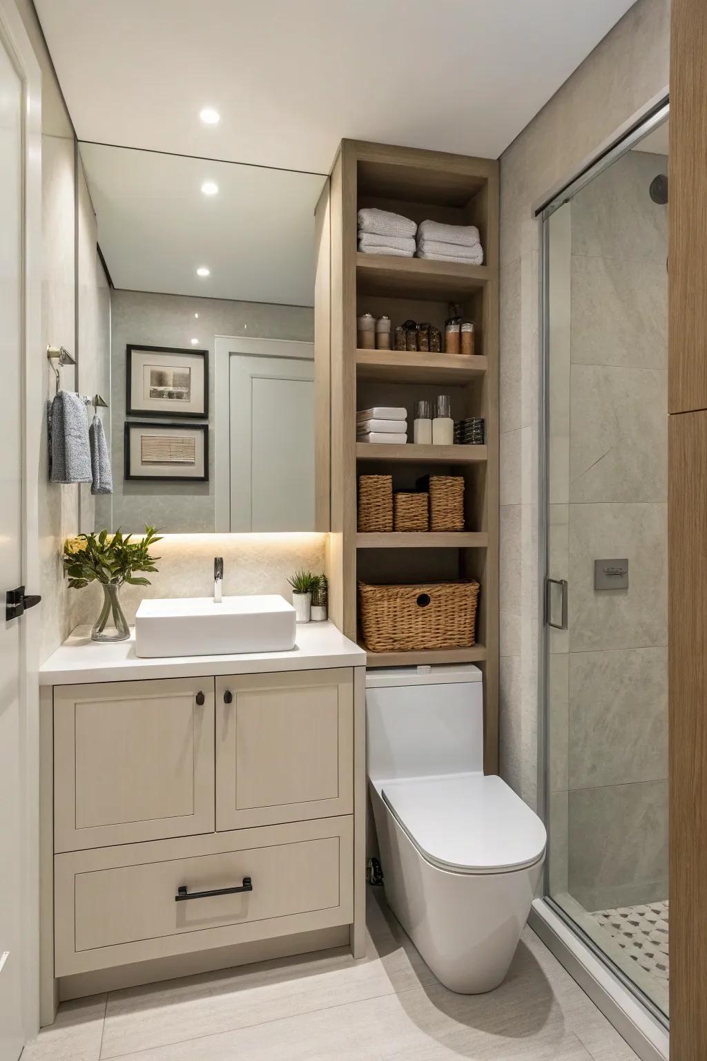 Hidden storage makes sure the bathroom is neat and organized.