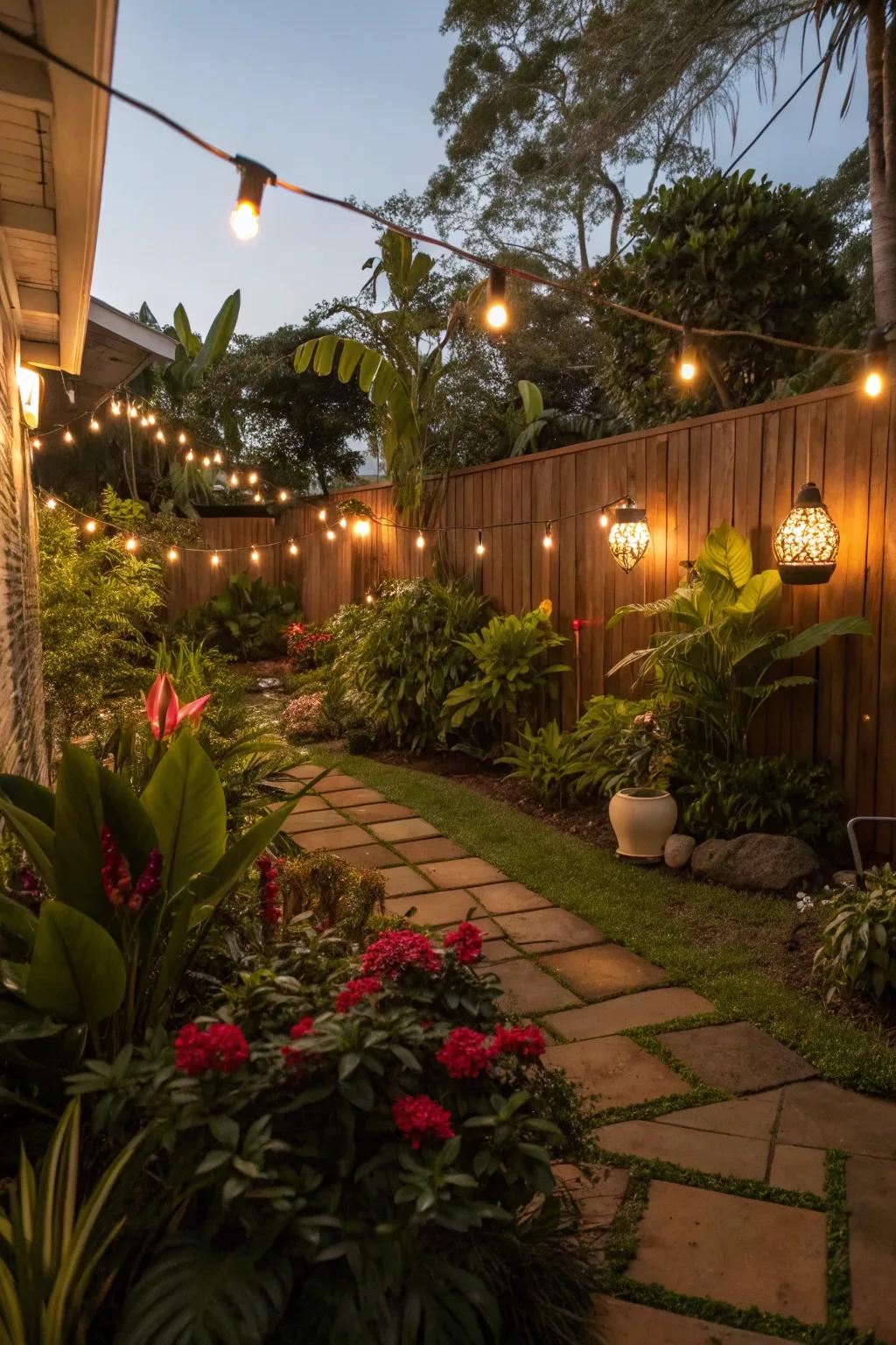 Subtle lighting creates a tropical vibe in a cozy garden setting.