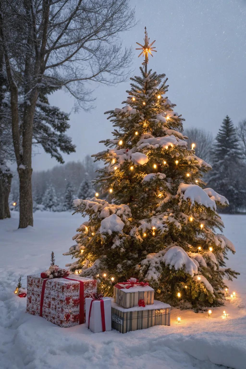 Neatly wrapped gifts enhancing the festive look of a snowy Christmas tree.