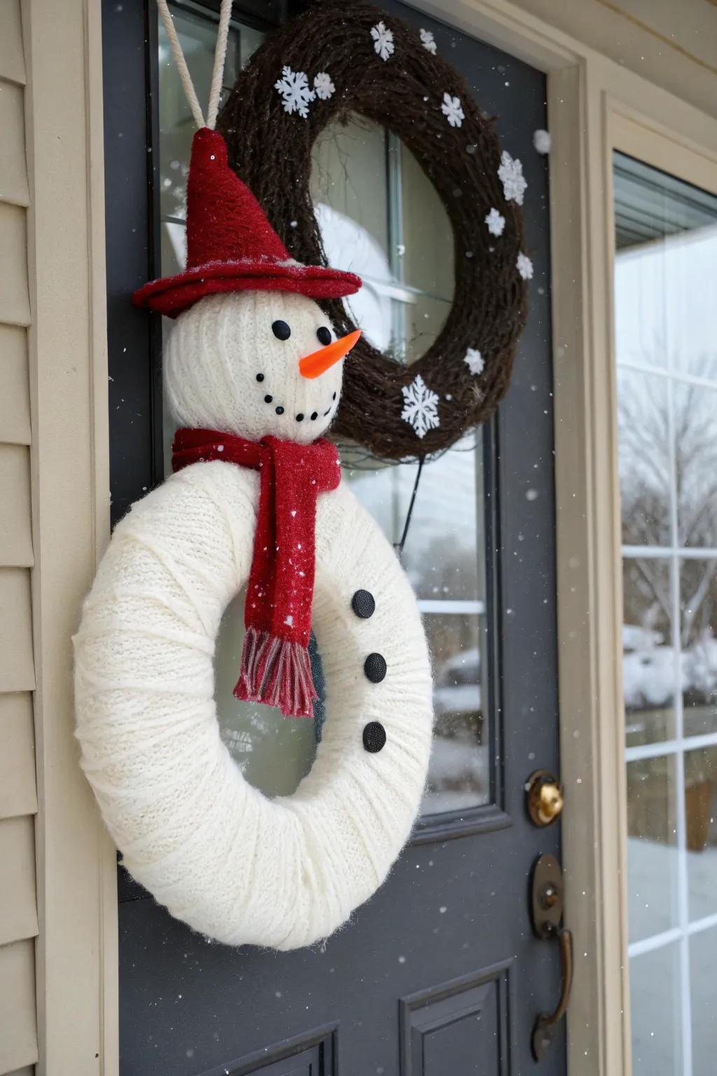 A snowman wreath welcomes guests with warmth and joy.