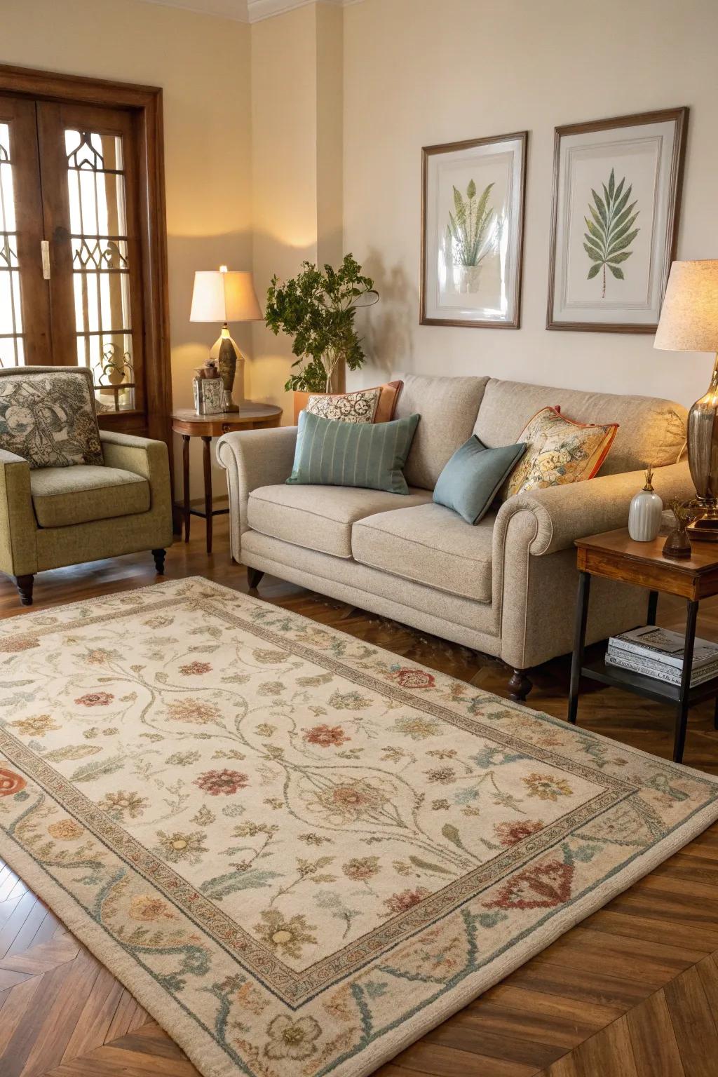 A rug provides cohesion and inviting warmth to the seating arrangement.