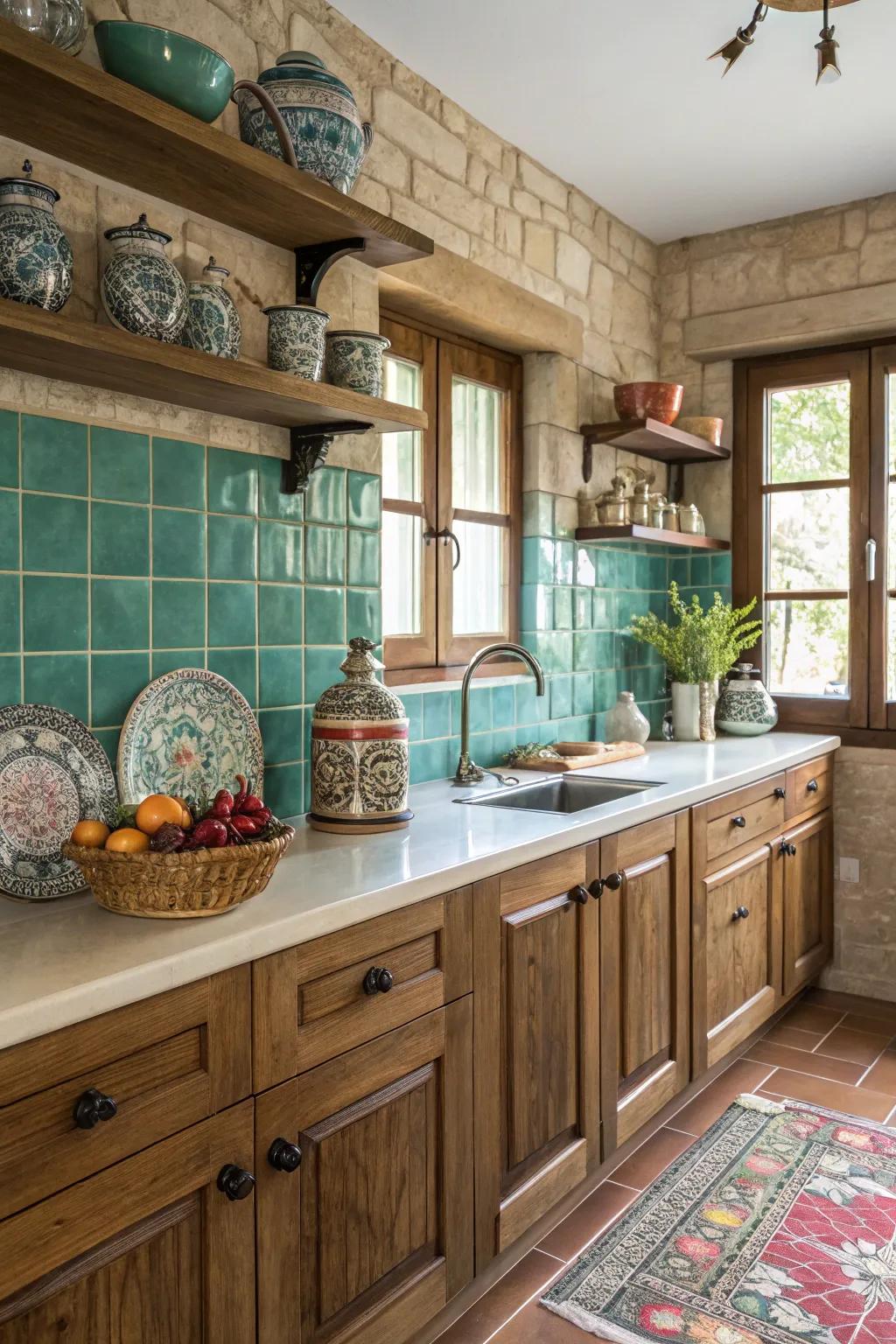 Blue-green tiles bring a vibrant and luxurious feel to the kitchen.