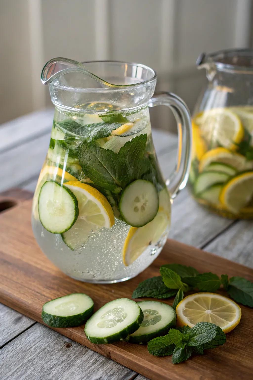 Cucumber, lemon, and mint flavored water keeps you refreshed and hydrated.