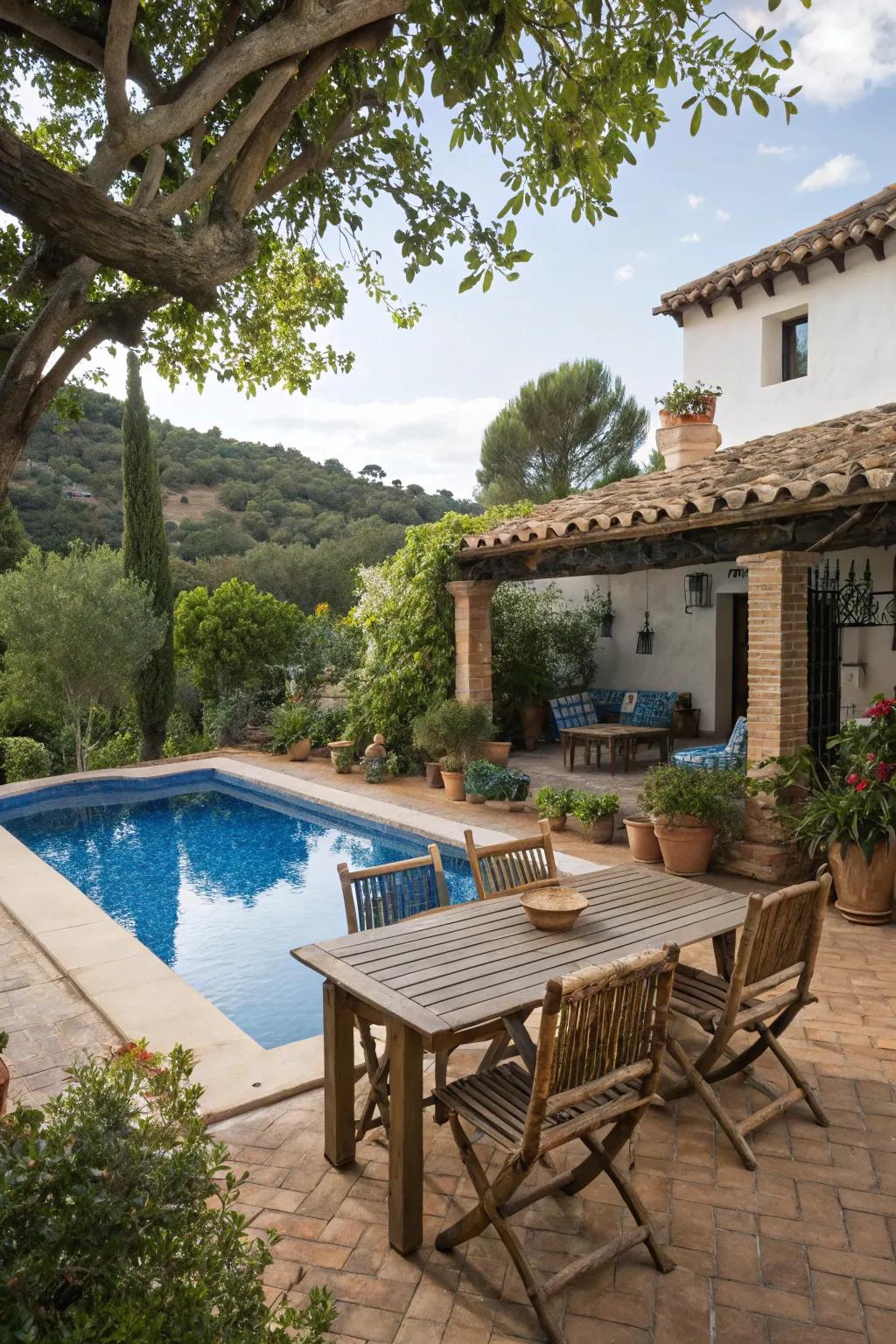 Rustic wooden furniture provides a cozy spot in this Spanish-style backyard.