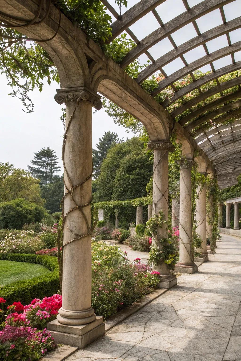 Arches and columns add classic elegance to the pergola.