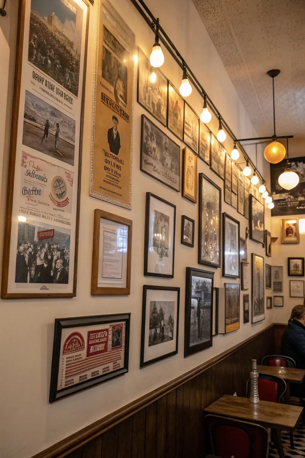 Framed art and posters add historical context to your speakeasy decor.