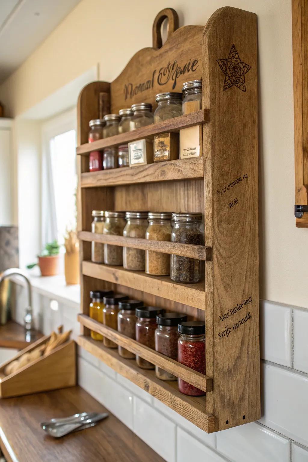 A charming DIY spice rack made from upcycled wood.