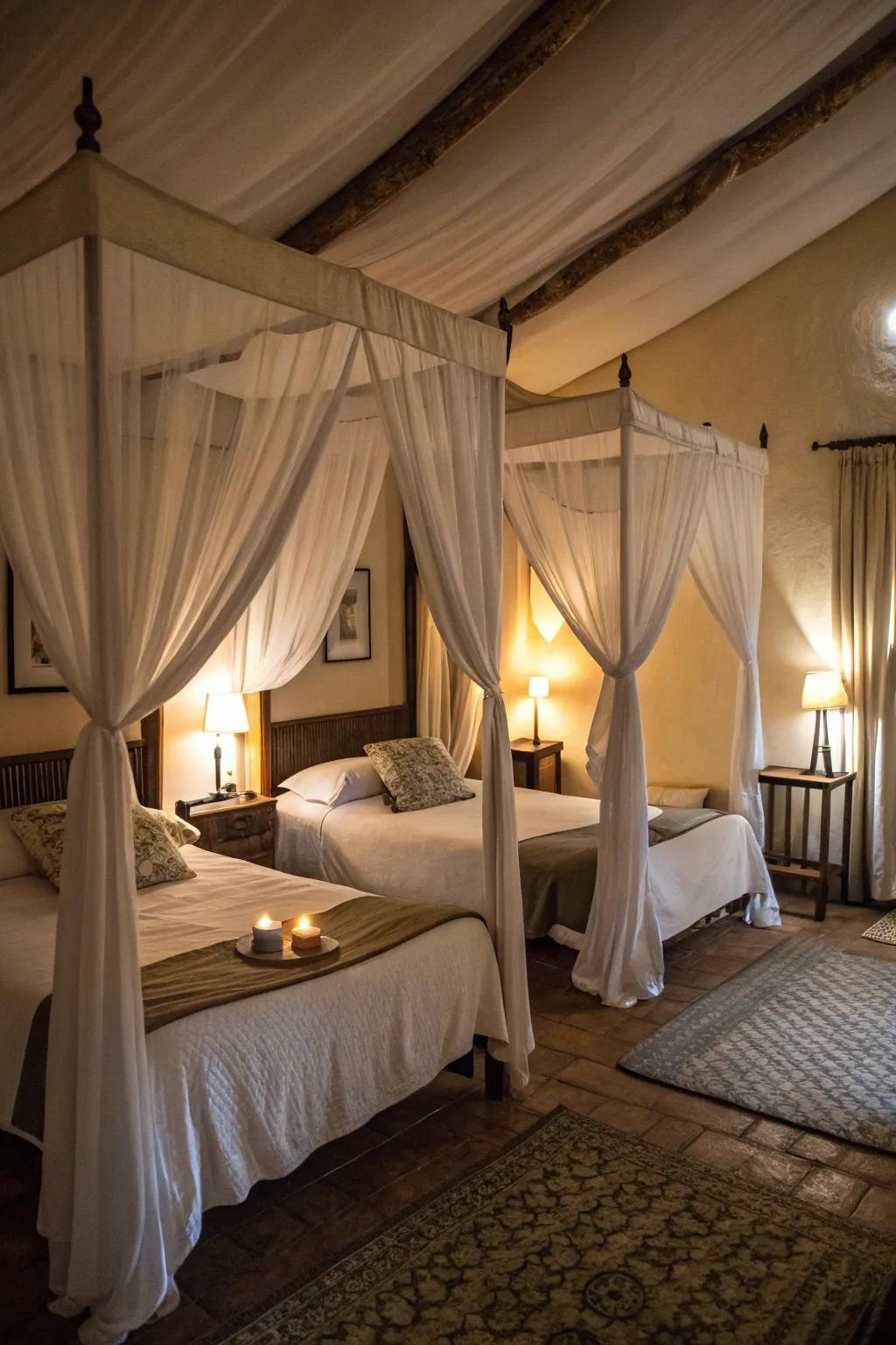Canopies create privacy and coziness in shared rooms.
