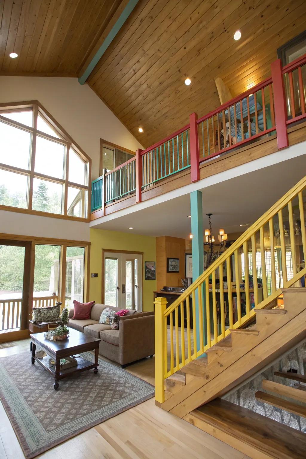 Brightly painted railings add a playful touch to a split-level home.