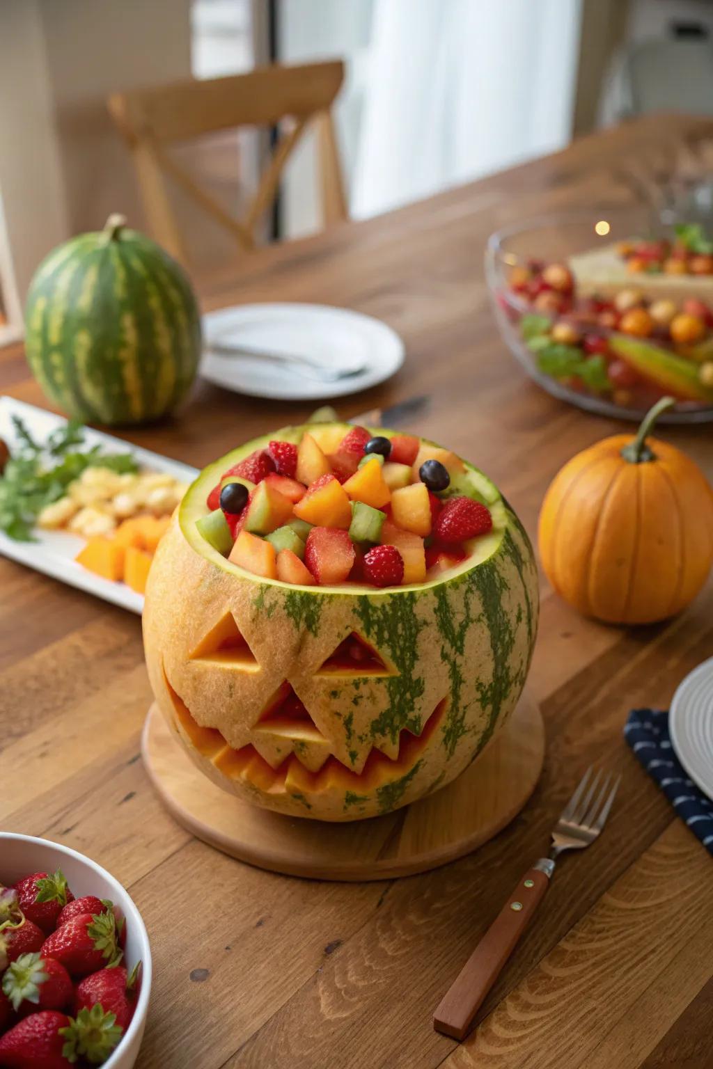A watermelon jack-o'-lantern functioning as a festive fruit container.