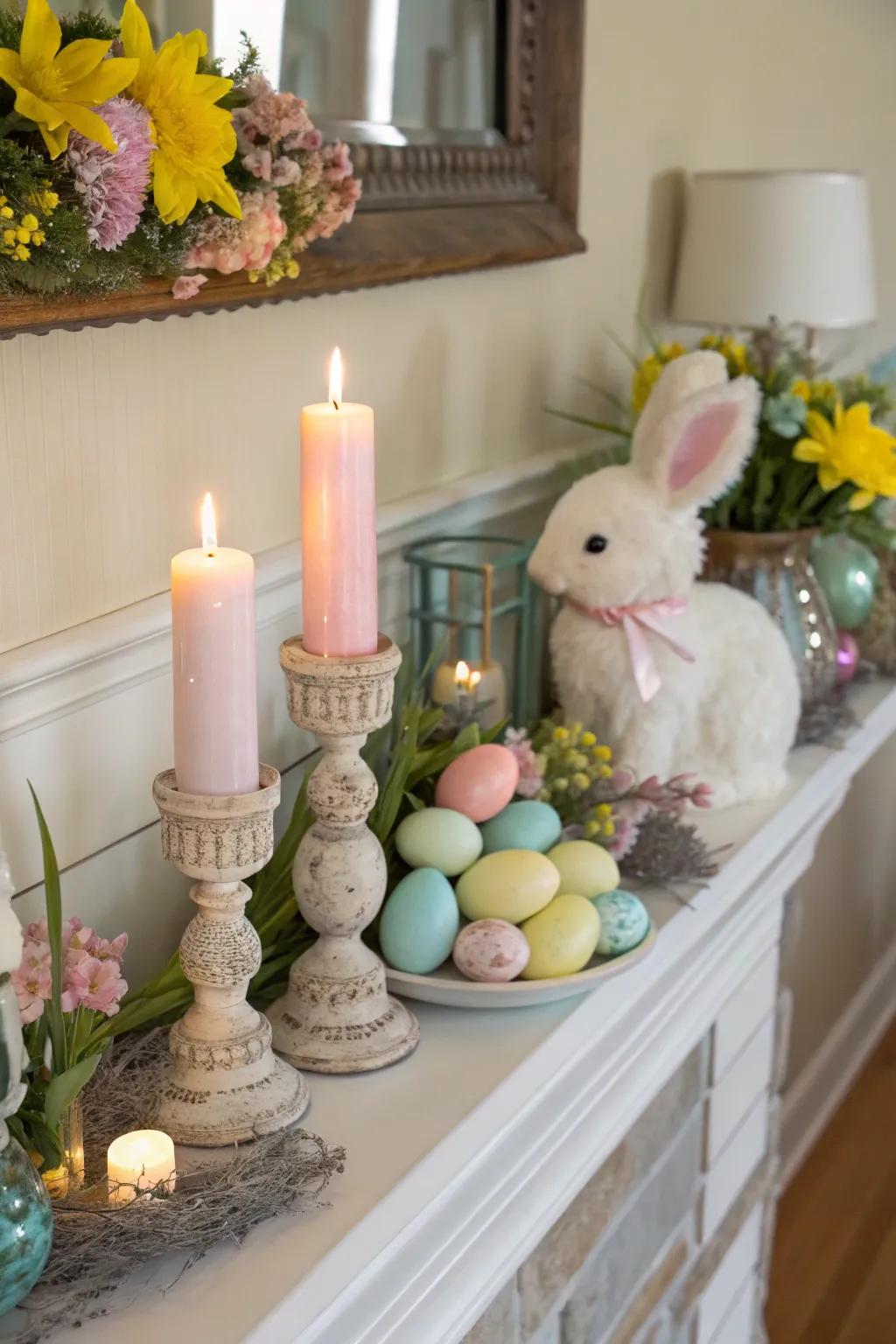 Candles generate a cozy and welcoming feel on the mantel.