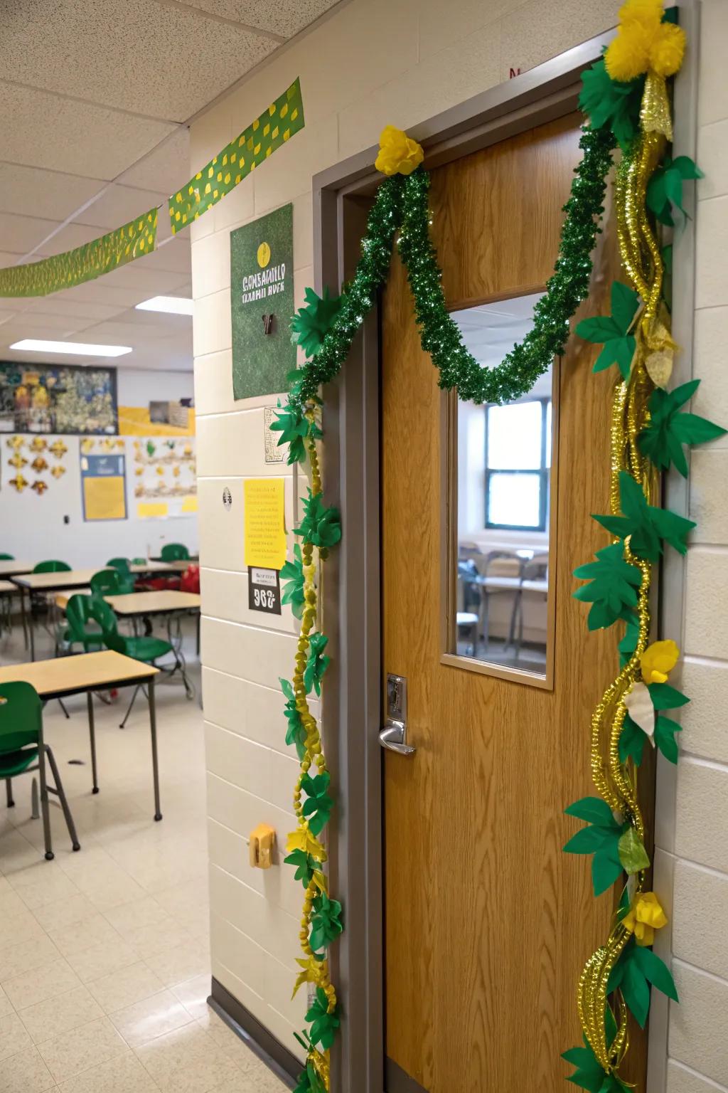 A classroom door exquisitely decorated in green and gold for Festive Day.