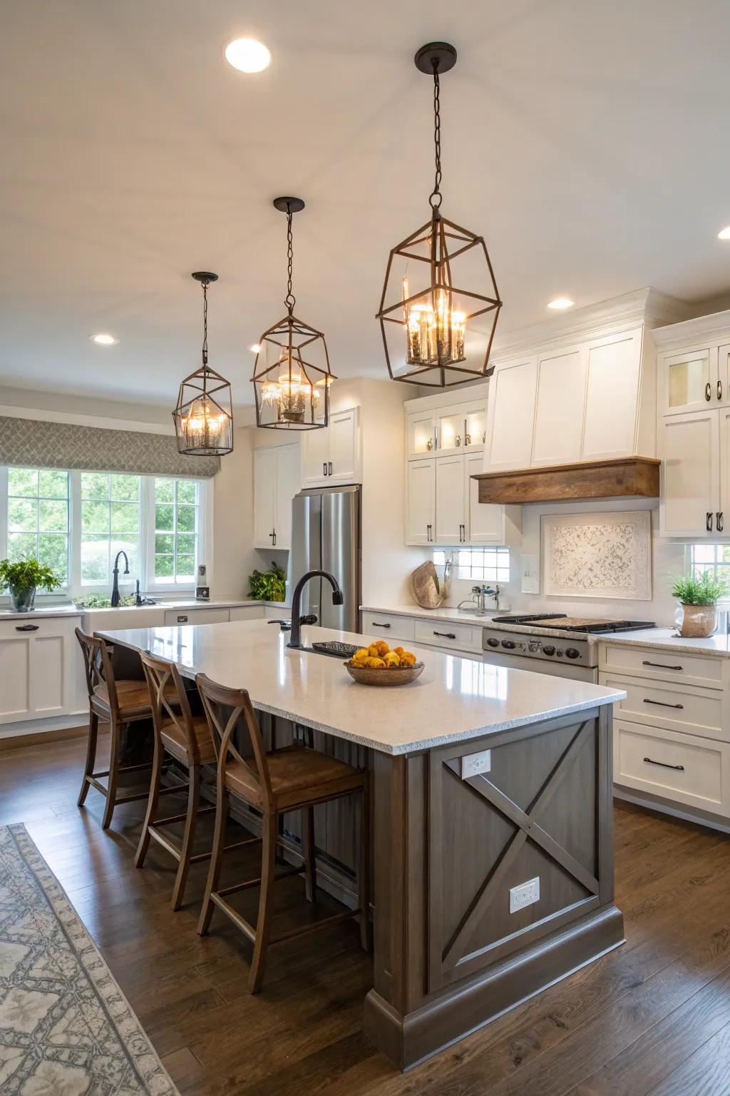 Pendant lights emphasizing key kitchen areas through style and concentration.