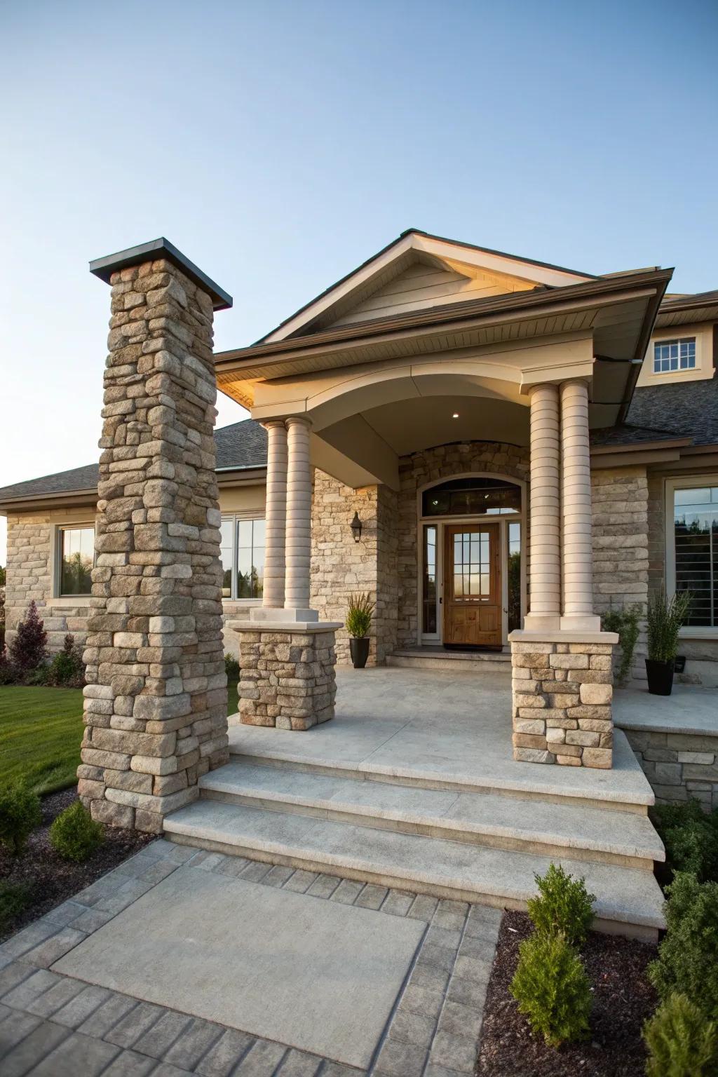 Faux rock panel columns offer an elegant accent to this home's entrance.