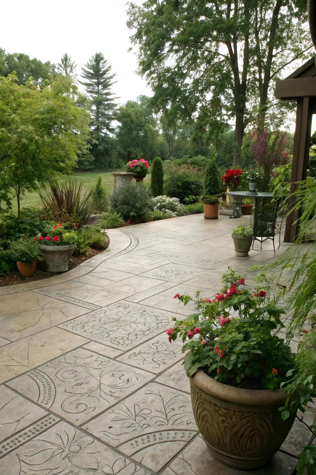 Plant life integration enhances the patio's natural beauty.