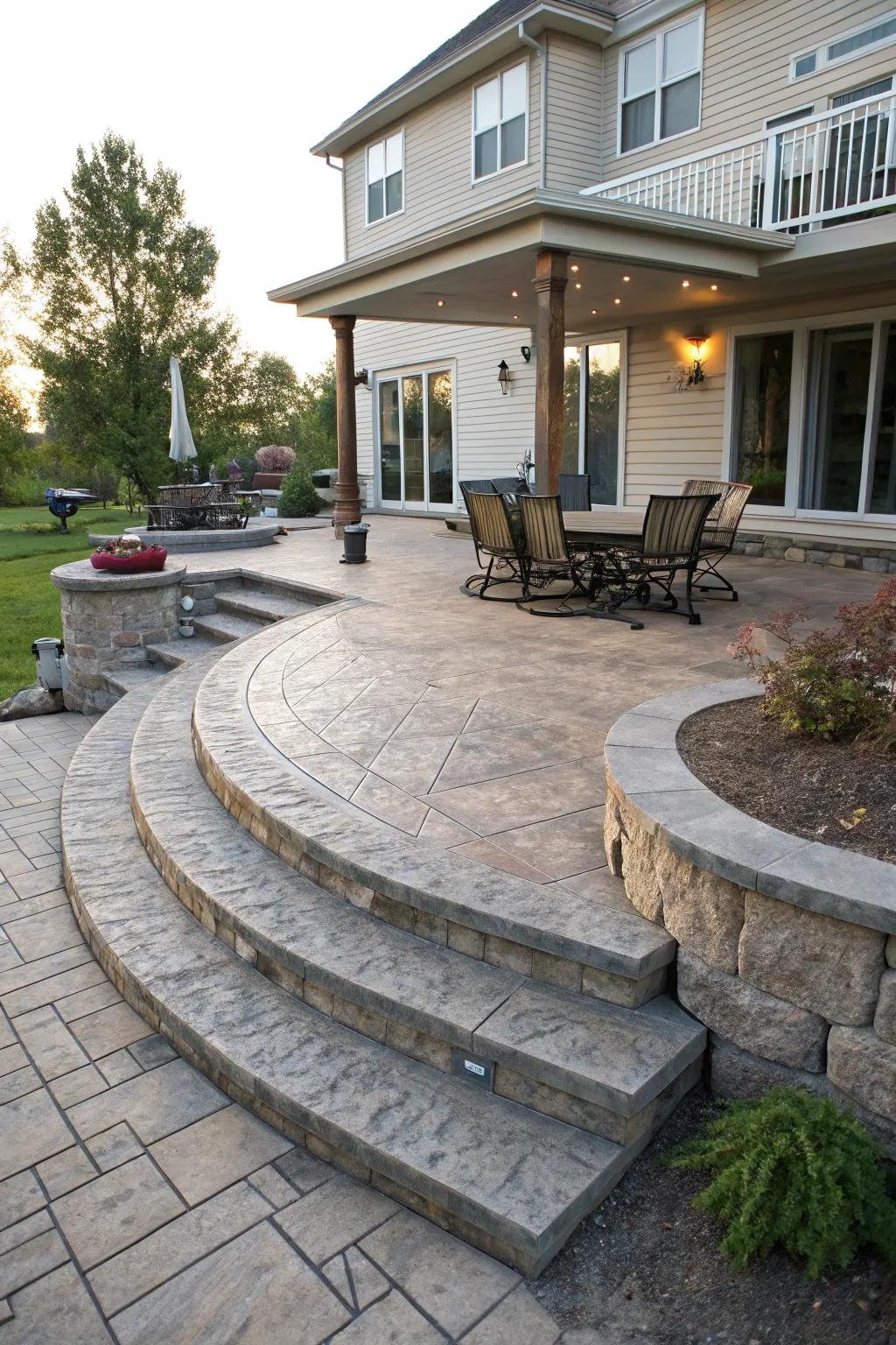 A dynamic split-level stamped concrete patio.