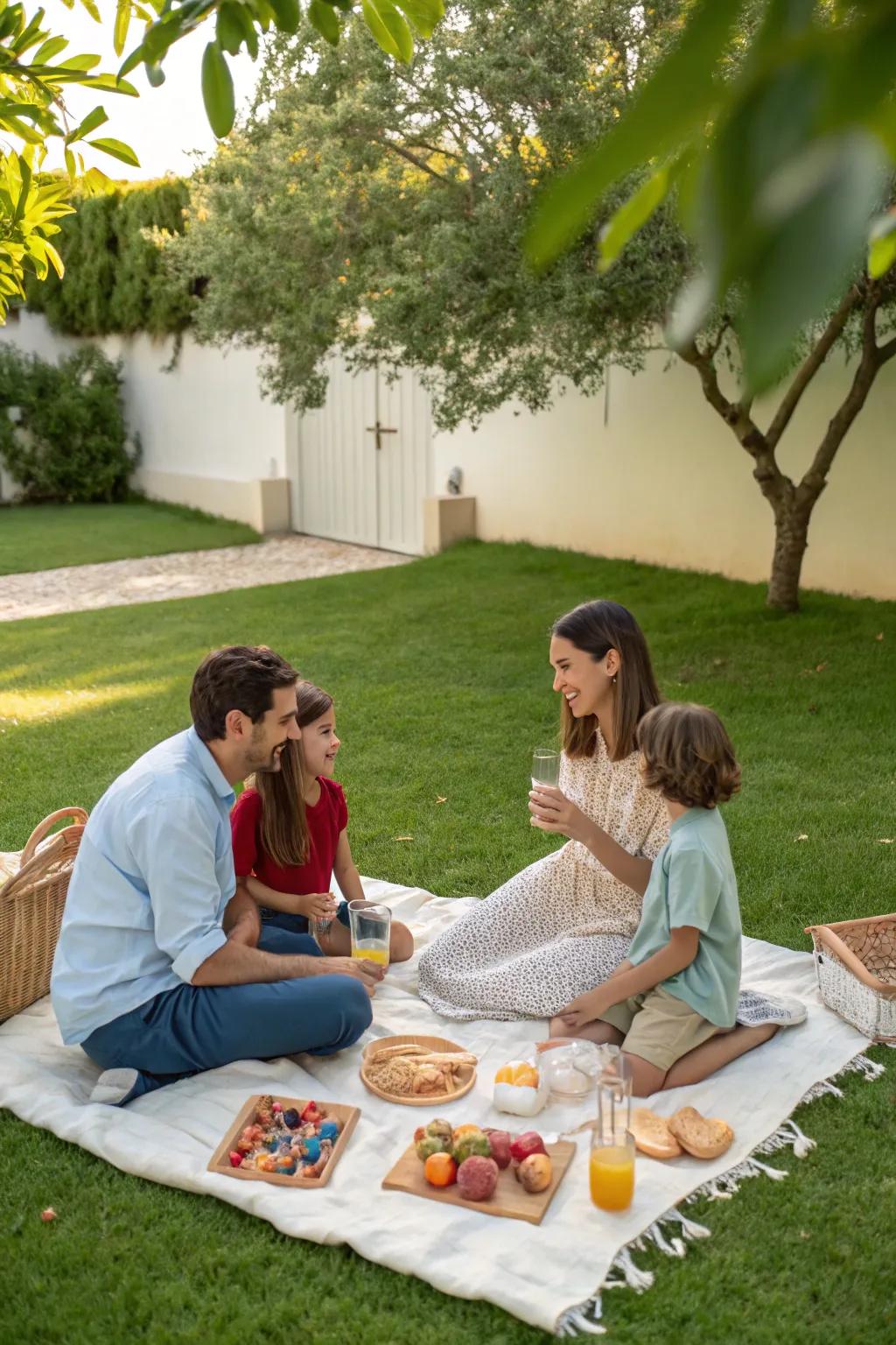 Enjoy the simple pleasures of a family backyard picnic.