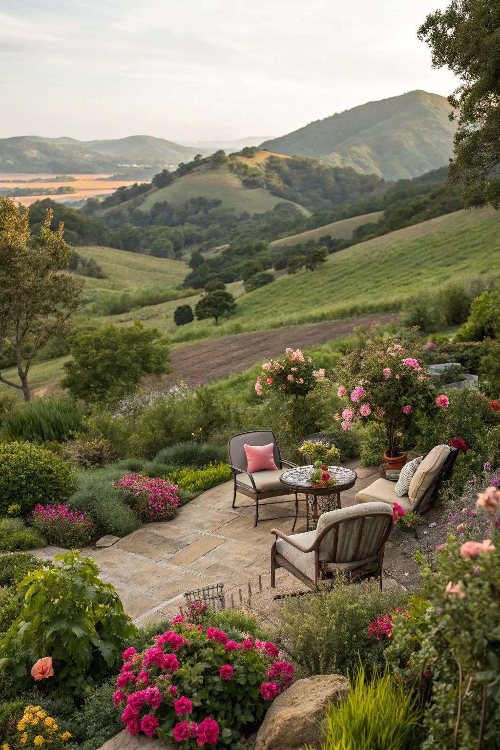 Establish a serene location to appreciate the beauty of your hillside garden.