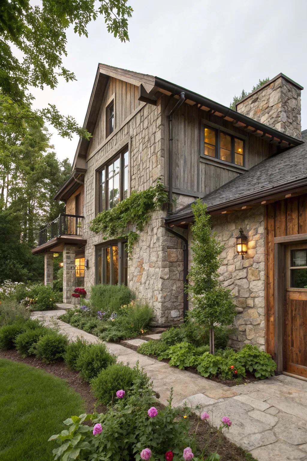 A harmonious house facade combining stone and wood.