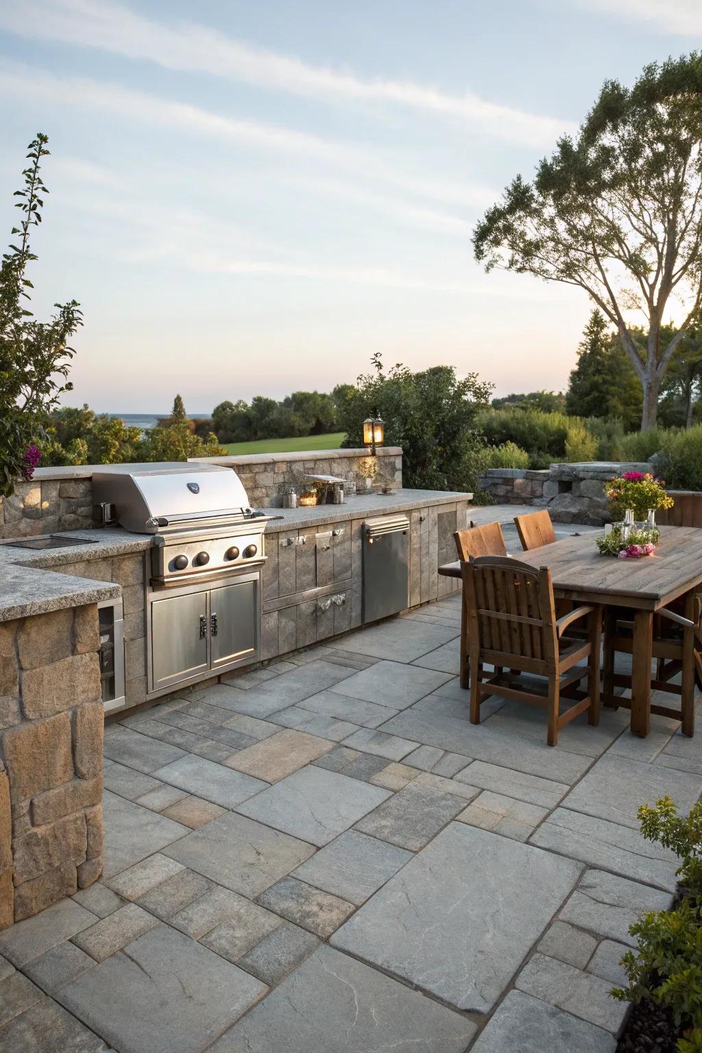 A stone patio featuring a practical outdoor cooking space.