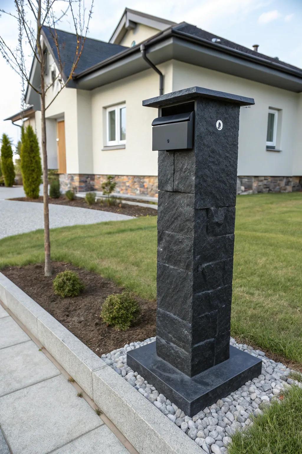 A striking black stone mailbox pillar making a bold statement.