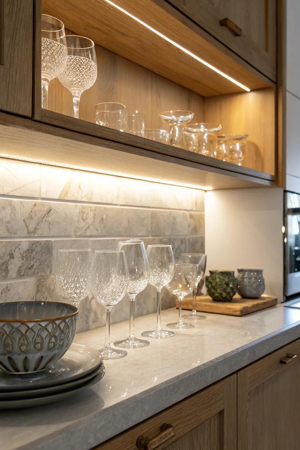 Undercabinet lighting improves visibility and highlights glassware.