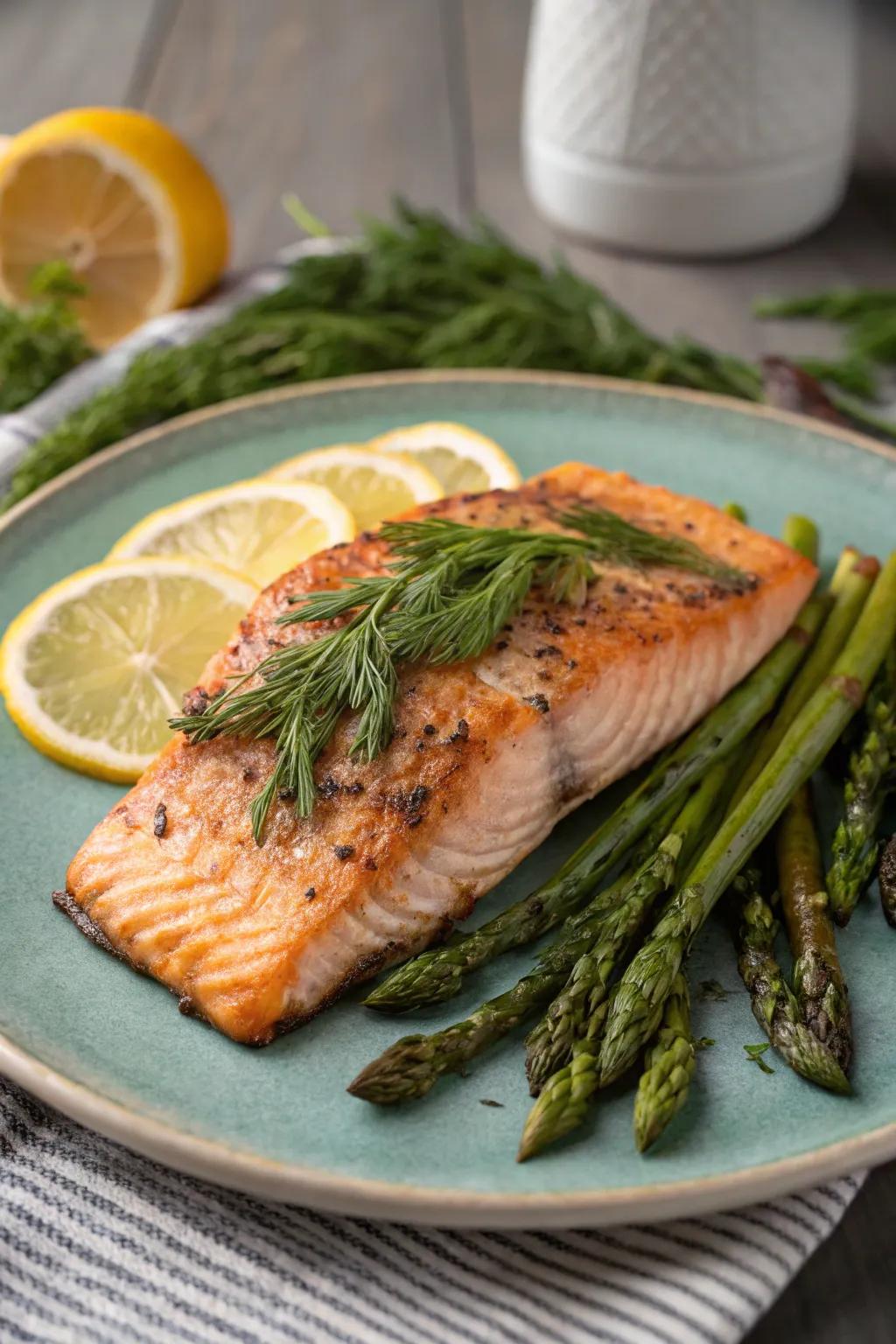 Pan-seared salmon with asparagus, a healthy choice.