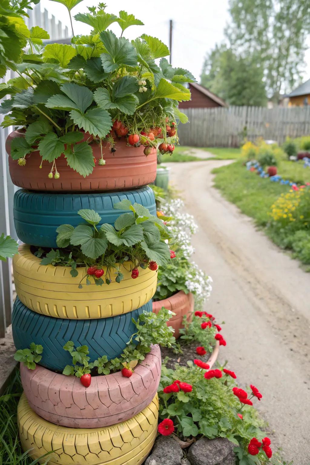 A vibrant tire tower overflowing with lively strawberries.