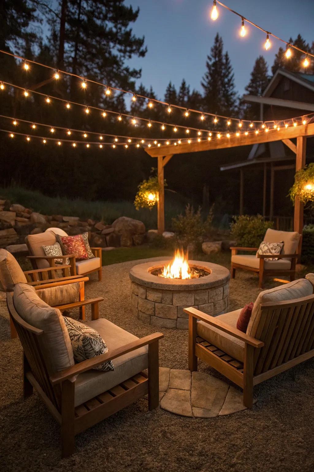 Cable lights subtly define the fire pit area.