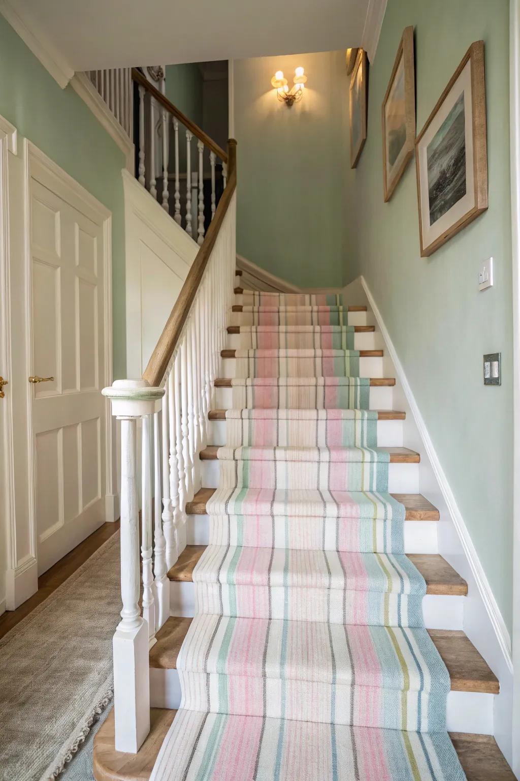 Soft pastel stripes create a soothing ambiance in this serene home.
