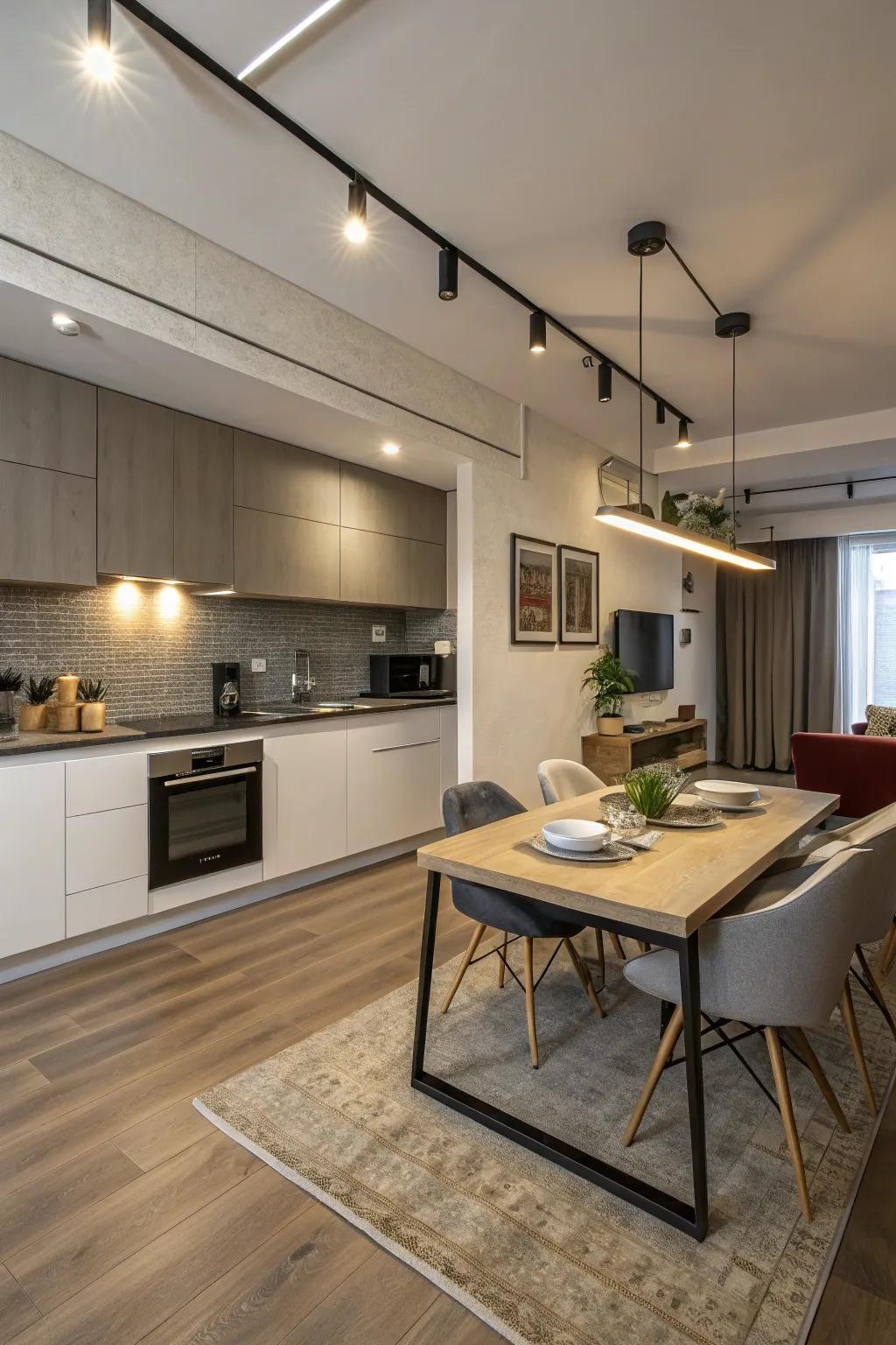 A kitchen island featuring a built-in eating table maximizes space.