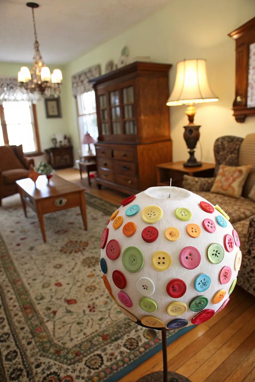 Adhesive disc-covered ornaments add a playful and tactile element.