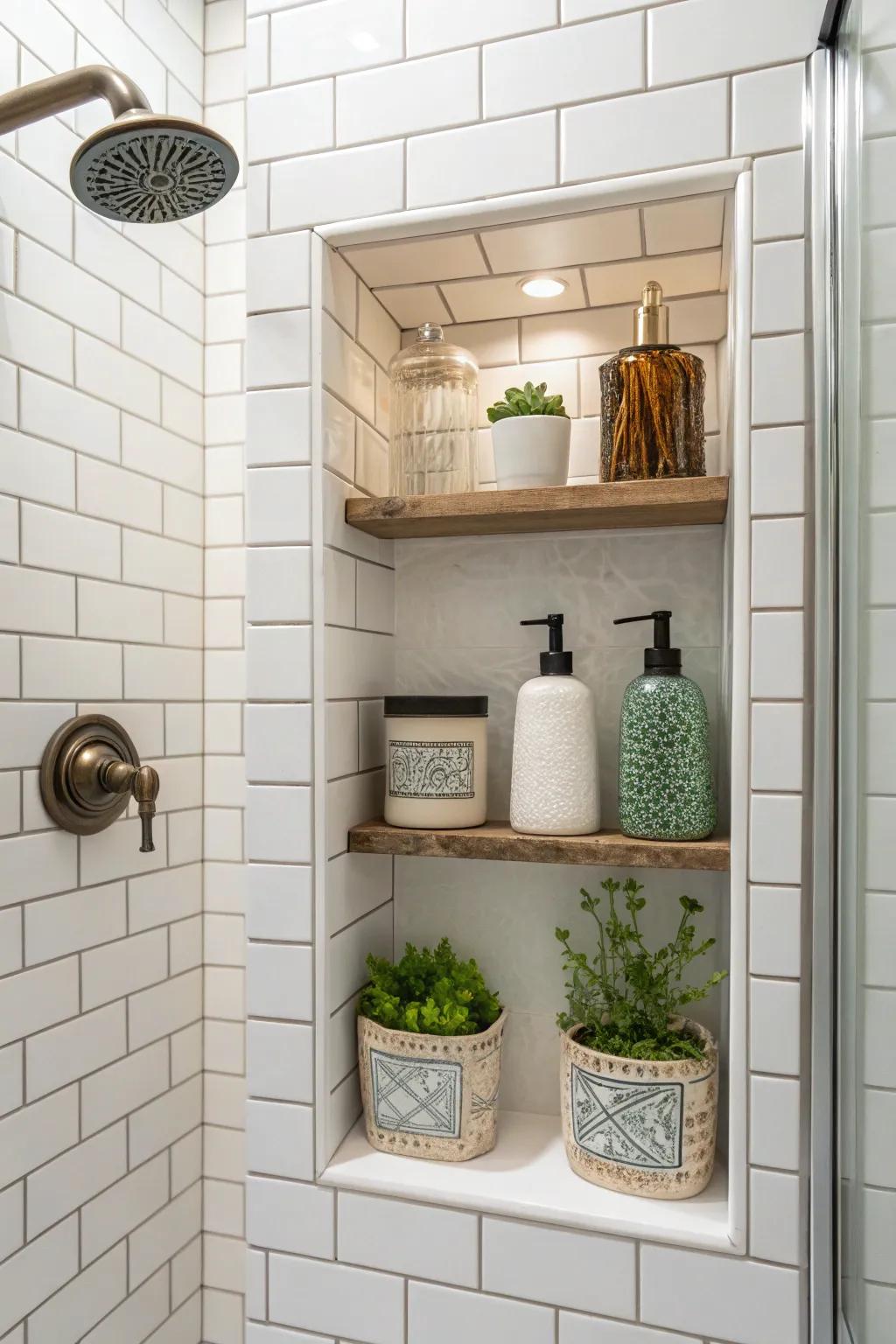Unique embellishments adding a personal touch to a shower niche.