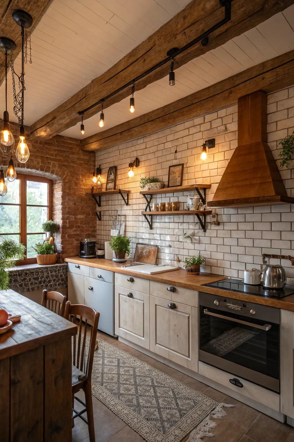 These brick-style subway tiles give this kitchen a cozy, rustic charm.