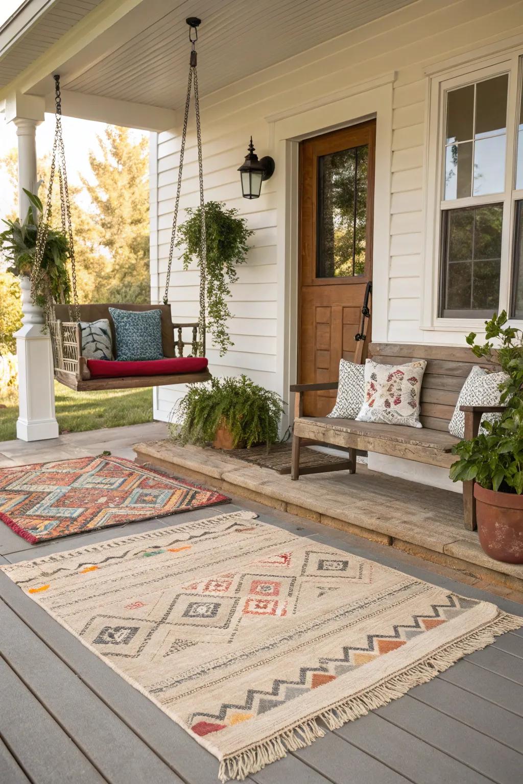 Tiered floor coverings establish an inviting and fashionable entrance.