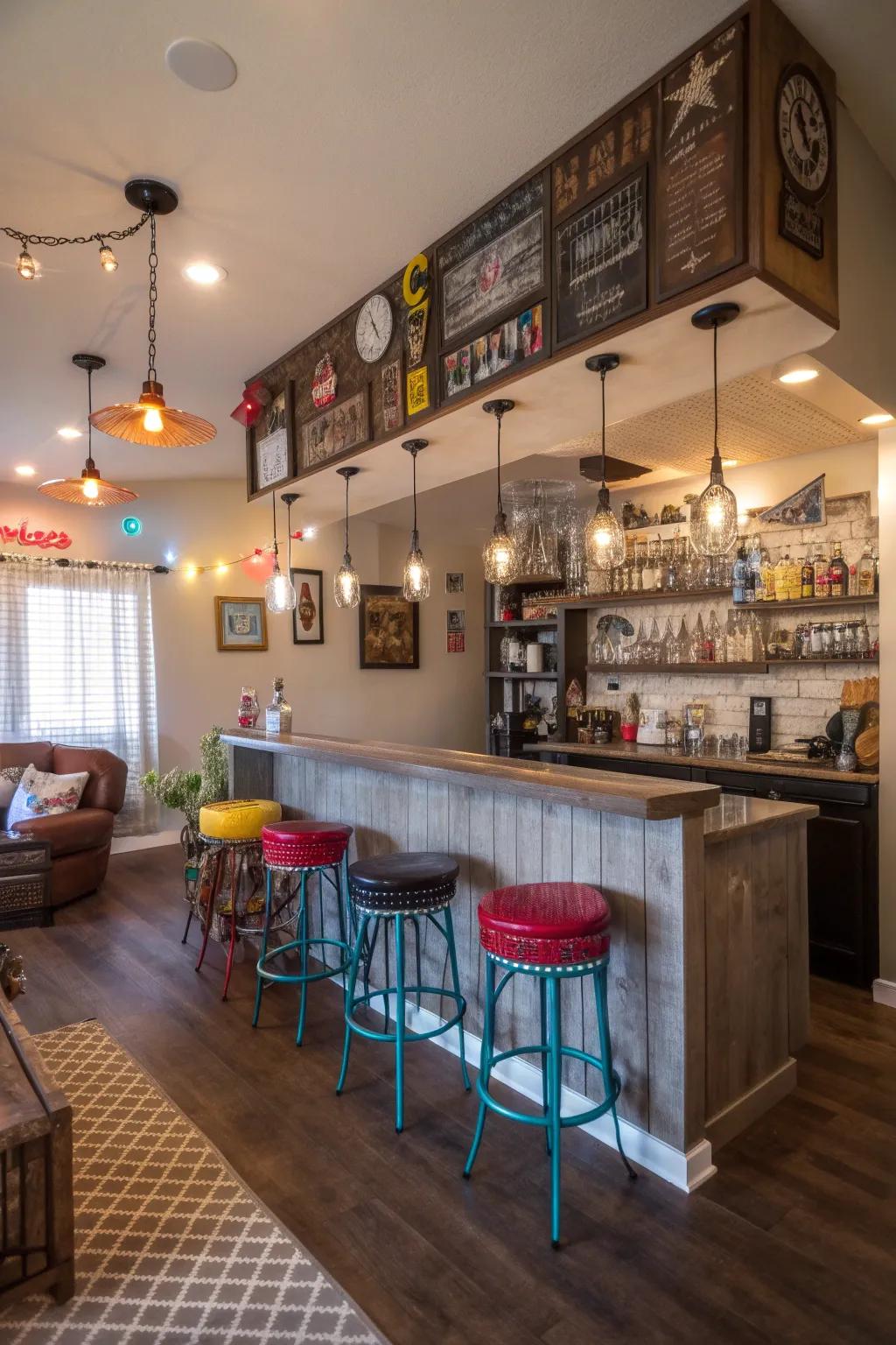 Personalized signs and decor offer this bar a unique personal touch.