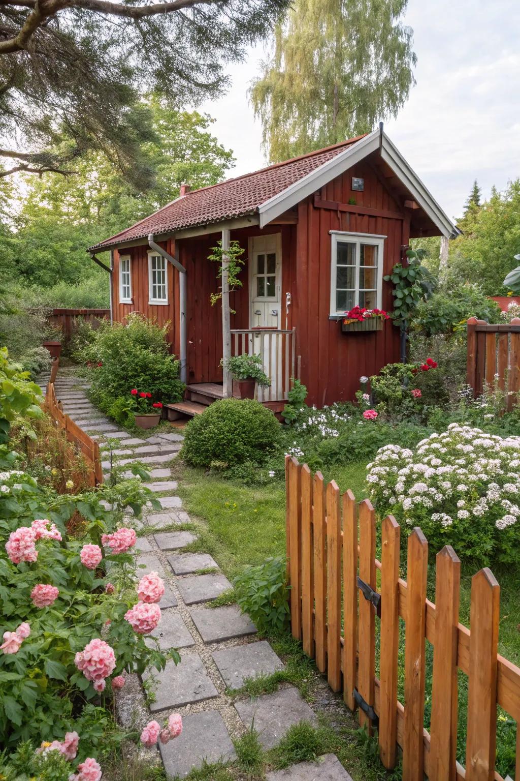 A country red summer house, showing warmth and charm.