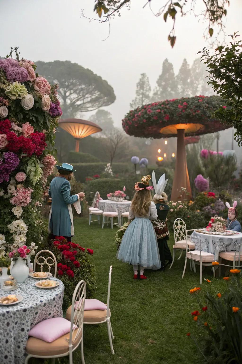 A whimsical garden event inspired by Alice in Wonderland.