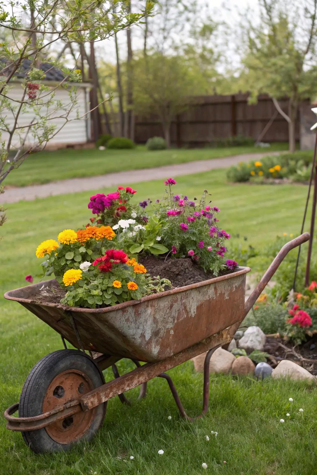 Cart planter filled with vibrant flowers