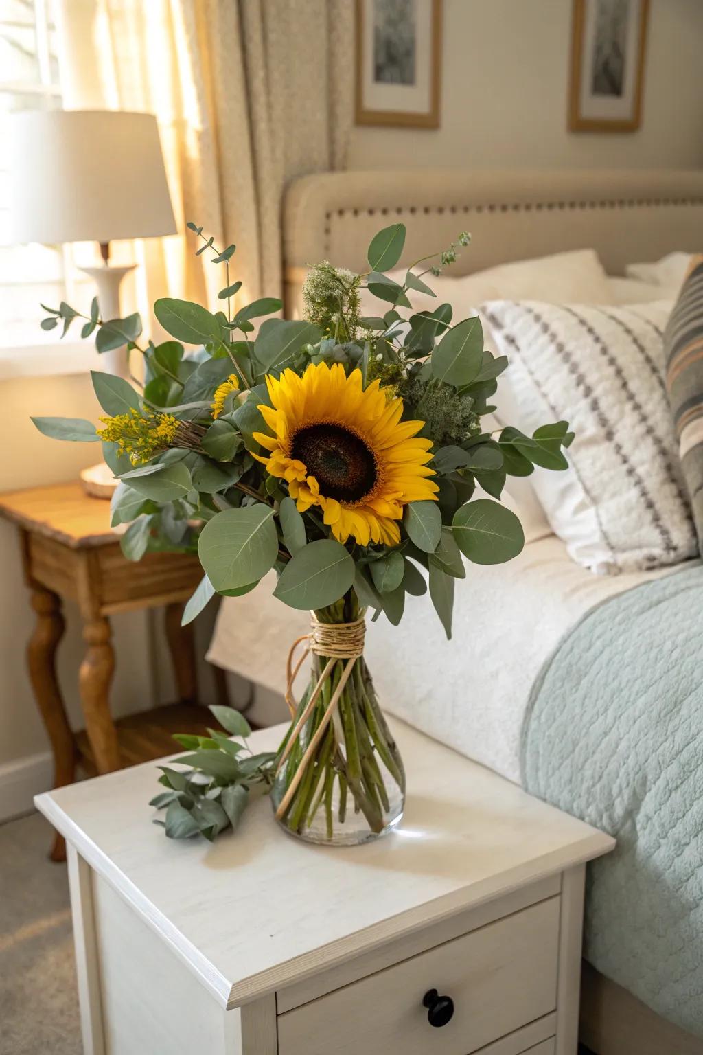 Create a calming environment with sunflowers and fragrant greens.