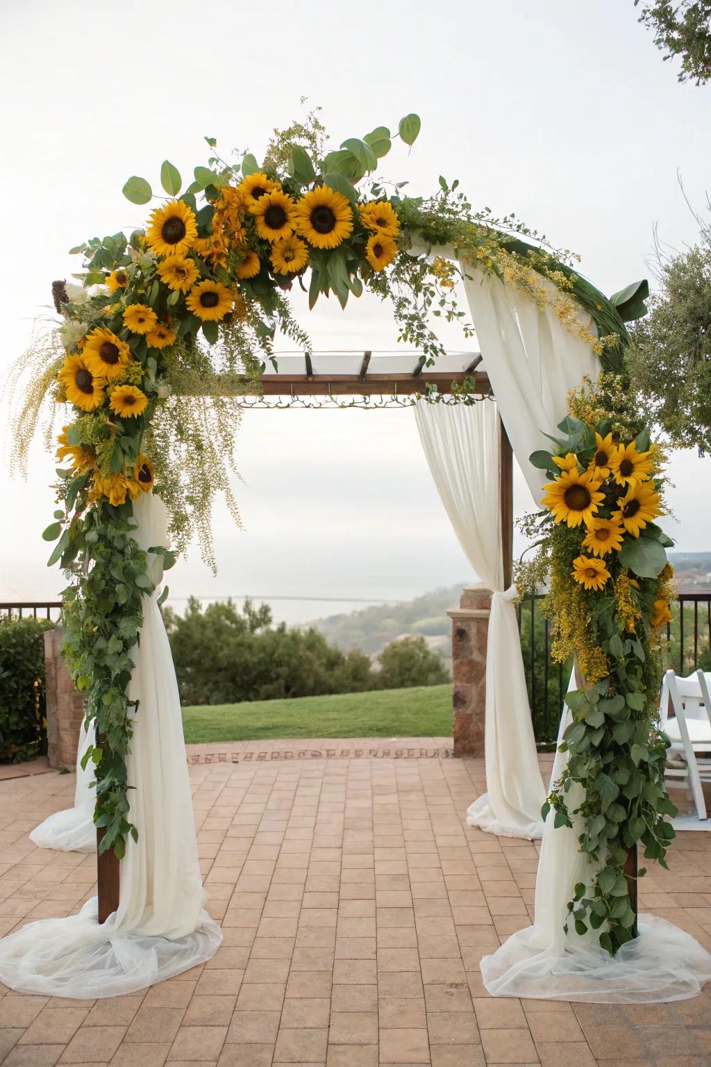 A picturesque wedding arch adorned with daisies.